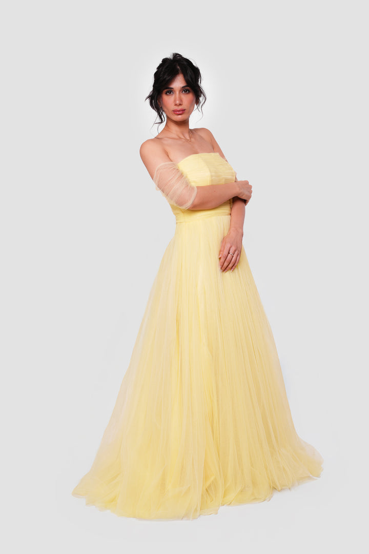 Selena Pale Yellow Off-shoulder Tulle Corset Maxi Dress With Sheer Short Sleeves