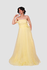 Load image into Gallery viewer, Selena Pale Yellow Off-shoulder Tulle Corset Maxi Dress With Sheer Short Sleeves
