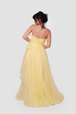 Load image into Gallery viewer, Selena Pale Yellow Off-shoulder Tulle Corset Maxi Dress With Sheer Short Sleeves
