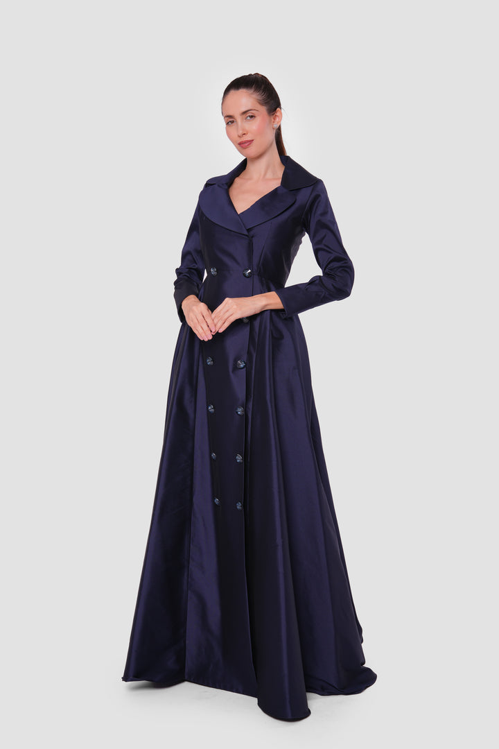 Aurora Midnight Navy Taffeta Double Breasted Flared Maxi Dress | SARAH M Sarah M Aurora Midnight Navy Taffeta Double Breasted Flared Maxi Dress | SARAH M Sarah M