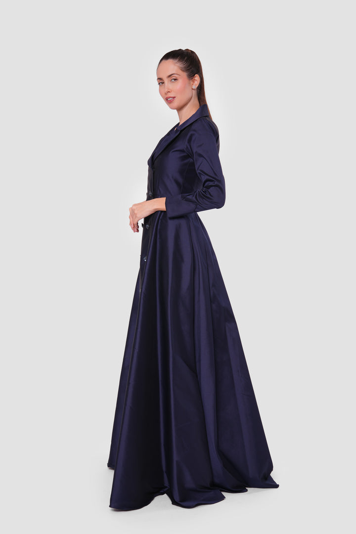 Aurora Midnight Navy Taffeta Double Breasted Flared Maxi Dress | SARAH M Sarah M Aurora Midnight Navy Taffeta Double Breasted Flared Maxi Dress | SARAH M Sarah M