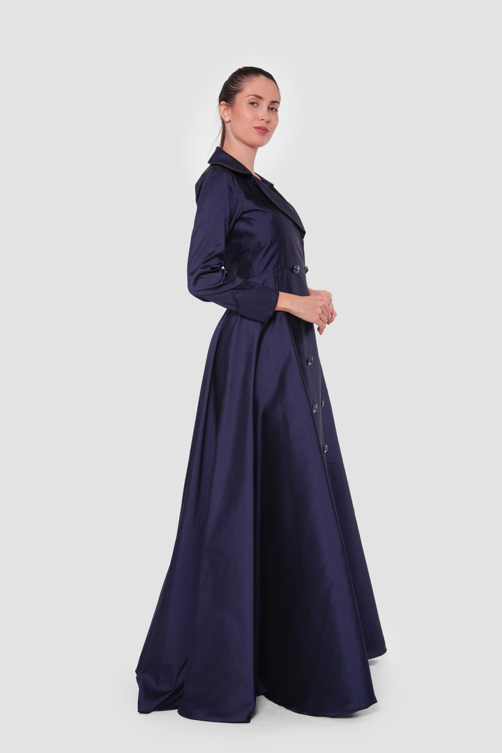 Aurora Midnight Navy Taffeta Double Breasted Flared Maxi Dress