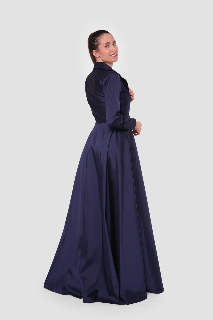 Aurora Midnight Navy Taffeta Double Breasted Flared Maxi Dress