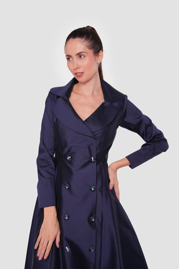 Aurora Midnight Navy Taffeta Double Breasted Flared Maxi Dress | SARAH M Sarah M Aurora Midnight Navy Taffeta Double Breasted Flared Maxi Dress | SARAH M Sarah M