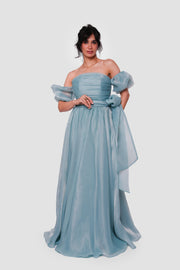 Celestia Powder Blue Off-shoulder Maxi Dress With Puffy Short Sleeves