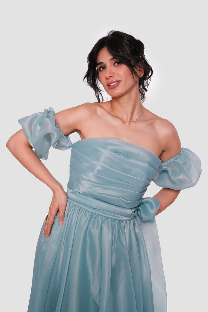 Celestia Powder Blue Off-shoulder Maxi Dress With Puffy Short Sleeves