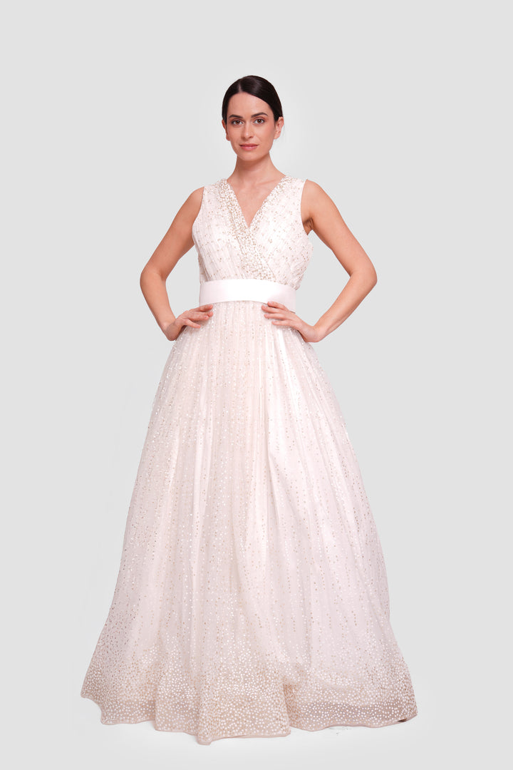 Madelena Ivory White Tulle With Gold Accents Sleeveless Maxi Dress