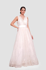 Load image into Gallery viewer, Madelena Ivory White Tulle With Gold Accents Sleeveless Maxi Dress
