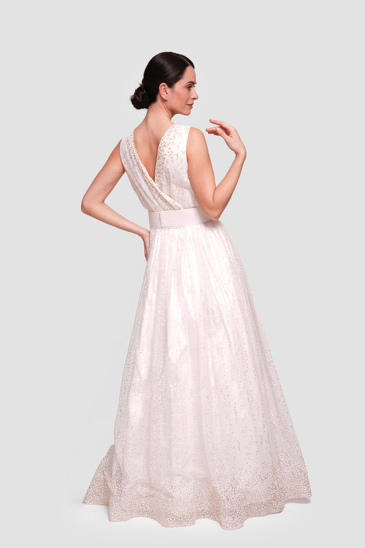 Madelena Ivory White Tulle With Gold Accents Sleeveless Maxi Dress