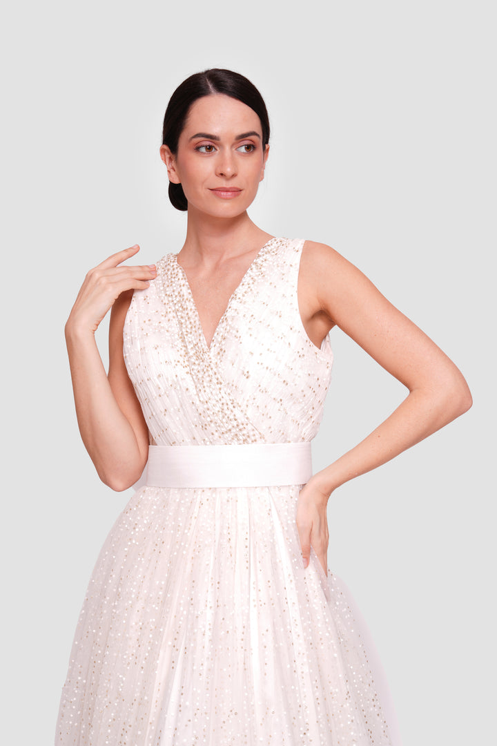 Madelena Ivory White Tulle With Gold Accents Sleeveless Maxi Dress