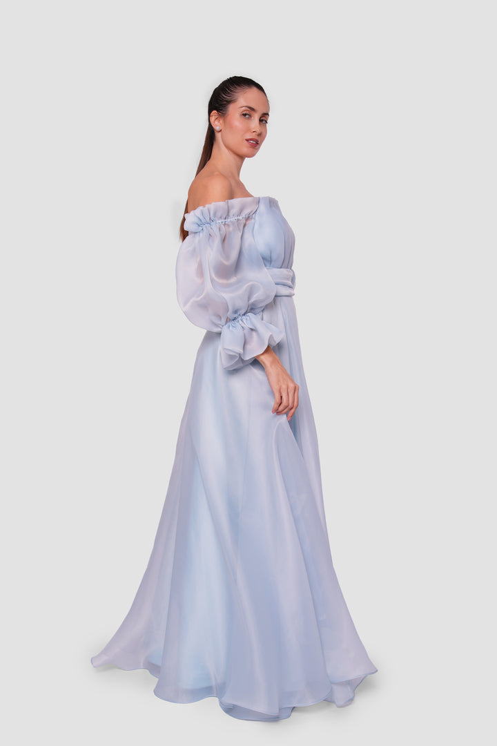 Celeste Peach blush organza off-shoulder maxi dress with billowy sleeves