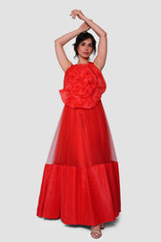 Florenca Red Tulle With Floral Appliqué Maxi Dress