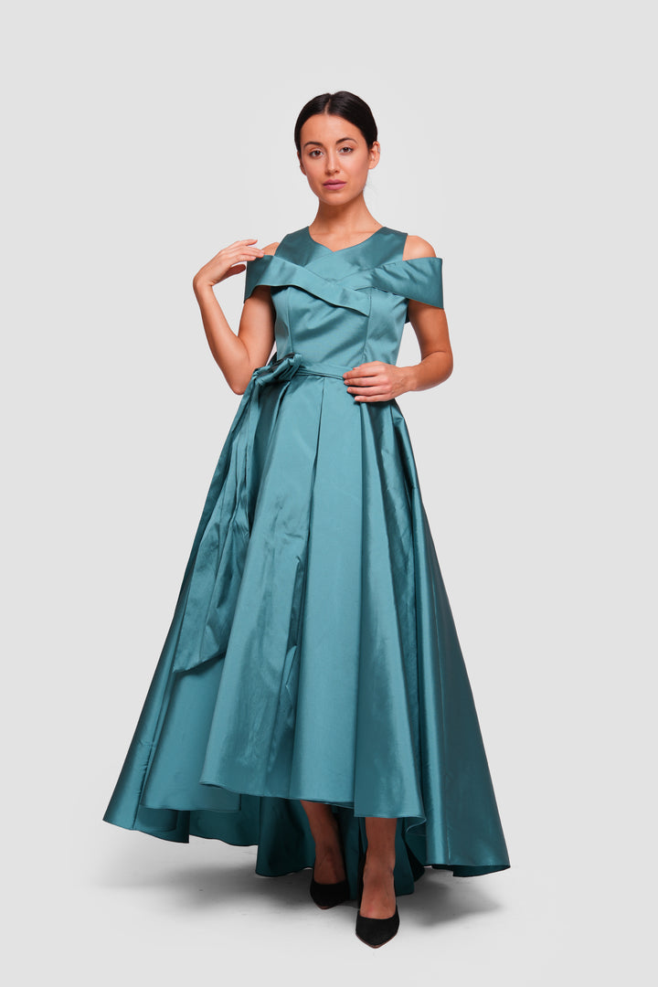 Nadine Teal Taffeta Off-shoulder Corset Sleeveless Maxi Dress
