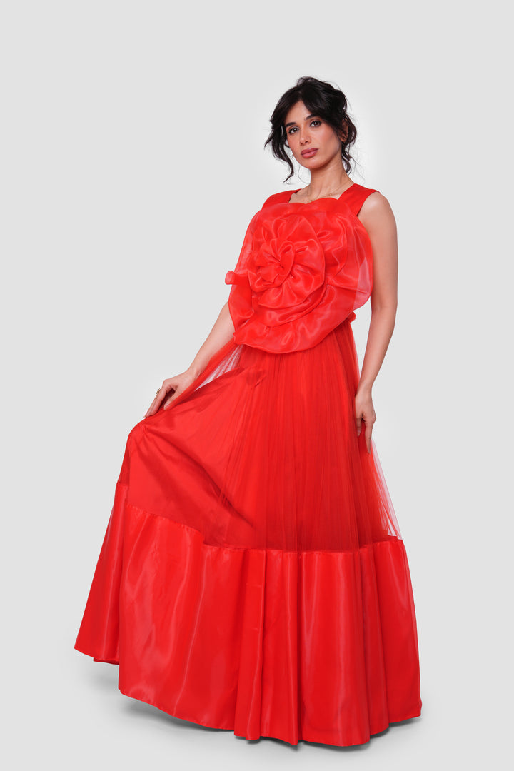 Florenca Red Tulle With Floral Appliqué Maxi Dress