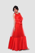 Load image into Gallery viewer, Florenca Red Tulle With Floral Appliqué Maxi Dress
