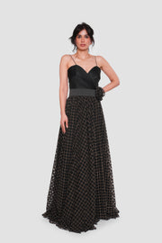 Alessia Black Tulle With Gold Metallic Glitter Maxi Dress