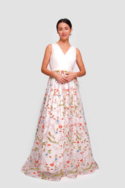 Lucia White Tulle With Multicolored Floral Embroidery Sleeveless Maxi Dress