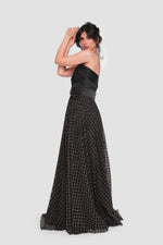 Load image into Gallery viewer, Alessia Black Tulle With Gold Metallic Glitter Maxi Dress
