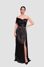 Tanya Black Satin Pleated Maxi Dress