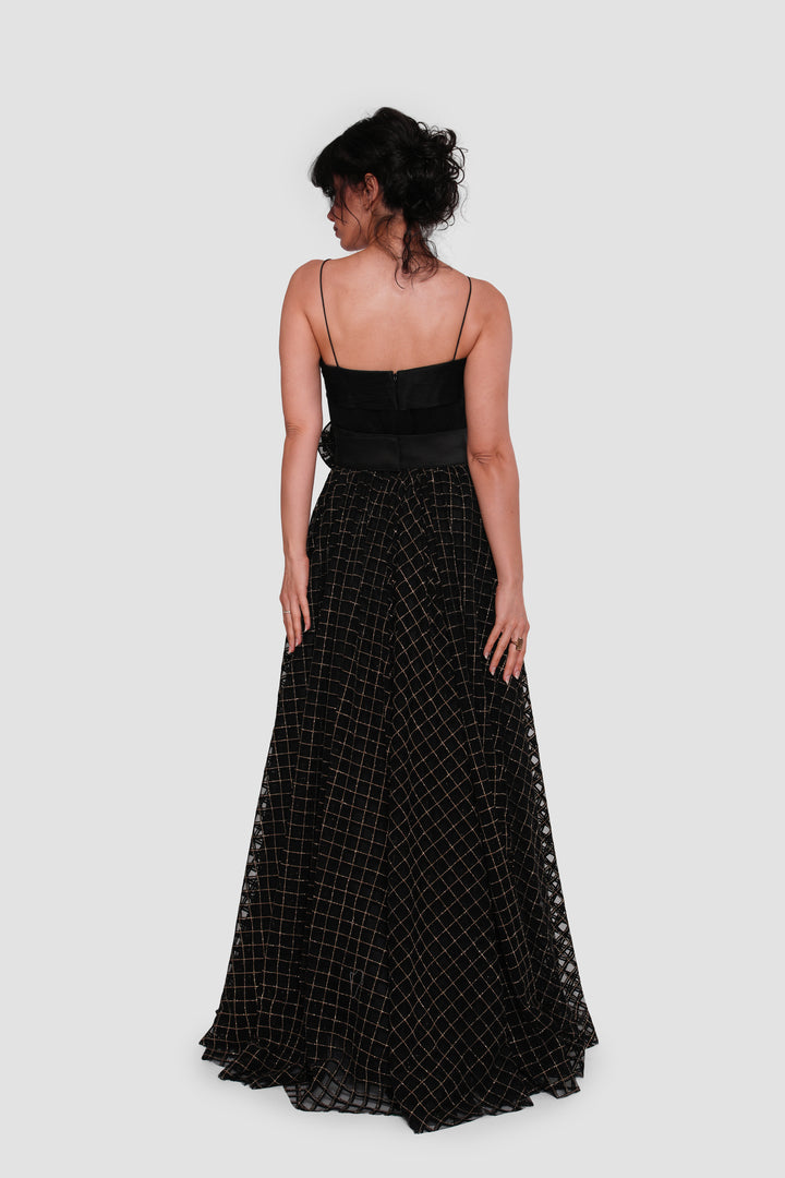 Alessia Black Tulle With Gold Metallic Glitter Maxi Dress