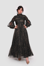 Stellagla Black Tulle With Gold Star Embellishments High Neckline With Full Sleeves Maxi Dress