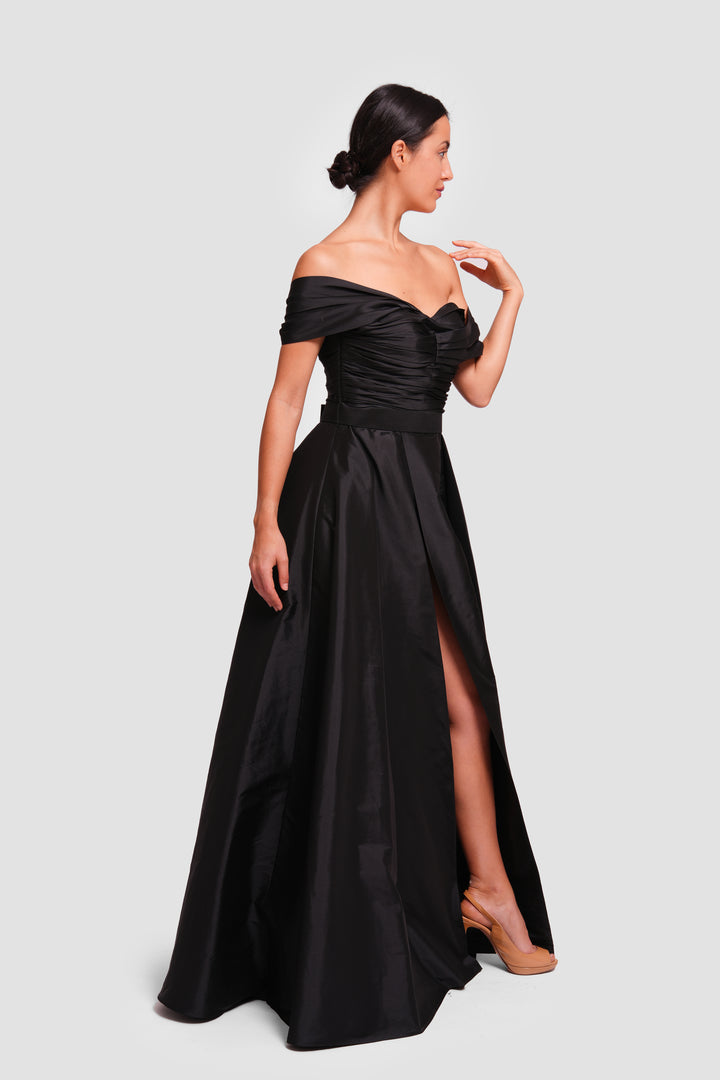 Nicole Black Taffeta Pleated Maxi Dress