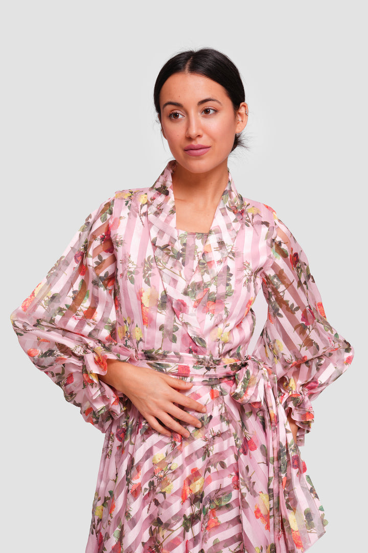 Marian Pink With Multicolored Floral Organza Wrap-style Maxi Dress With Long Sleeves