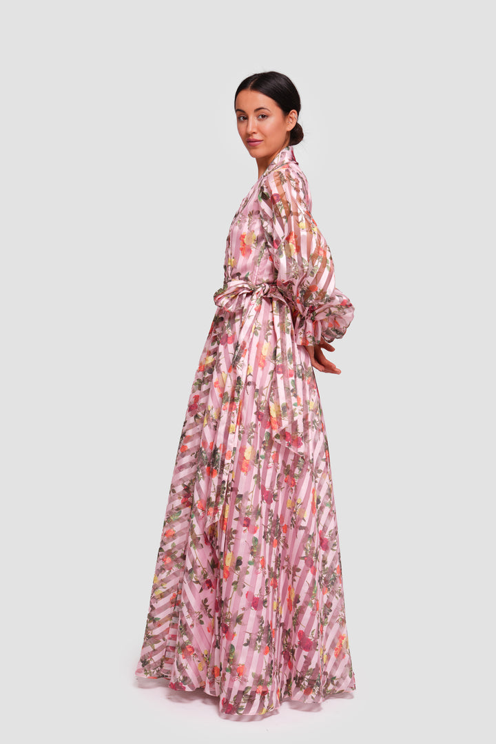 Marian Pink With Multicolored Floral Organza Wrap-style Maxi Dress With Long Sleeves