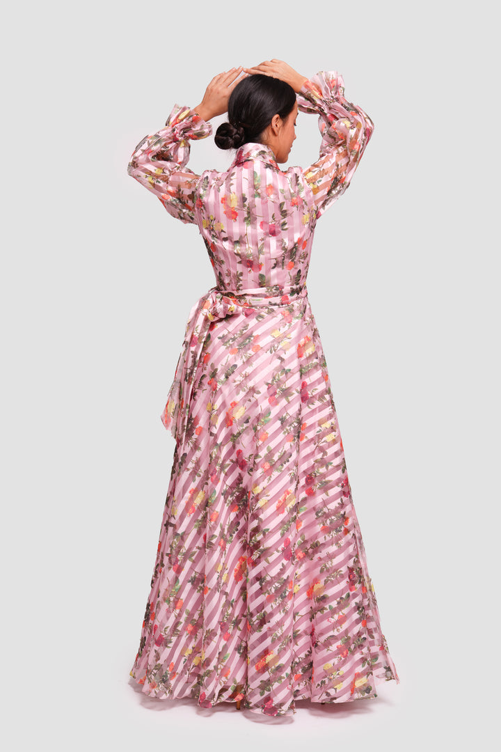 Marian Pink With Multicolored Floral Organza Wrap-style Maxi Dress With Long Sleeves