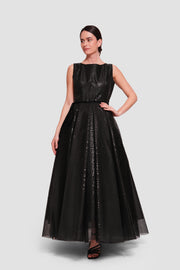 Manal Black Organza Laser Pattern Sleeveless Open Back Maxi Dress