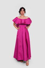 Load image into Gallery viewer, Serena Fuchsia Taffeta Off-shoulder Pleated Corset Maxi Dress With Pleats
