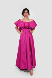 Serena Fuchsia Taffeta Off-shoulder Pleated Corset Maxi Dress With Pleats