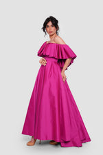 Load image into Gallery viewer, Serena Fuchsia Taffeta Off-shoulder Pleated Corset Maxi Dress With Pleats
