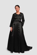 Load image into Gallery viewer, Sereen Black Taffeta High Low Collared Gown With Sleeves
