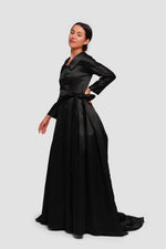 Load image into Gallery viewer, Sereen Black Taffeta High Low Collared Gown With Sleeves
