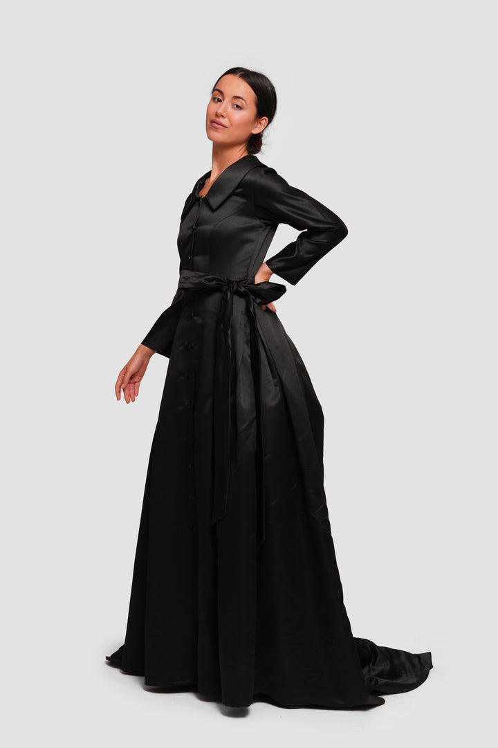 Sereen Black Taffeta High Low Collared Gown With Sleeves