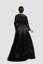 Load image into Gallery viewer, Sereen Black Taffeta High Low Collared Gown With Sleeves
