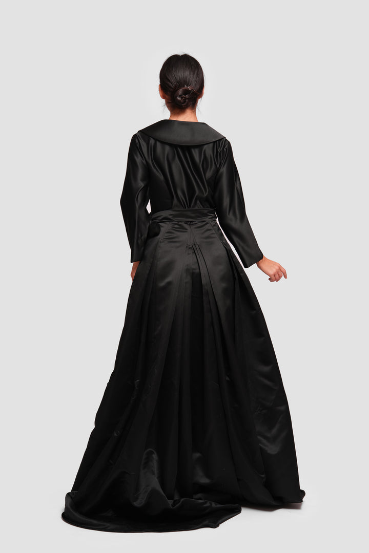 Sereen Black Taffeta High Low Collared Gown With Sleeves