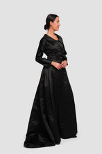 Load image into Gallery viewer, Sereen Black Taffeta High Low Collared Gown With Sleeves

