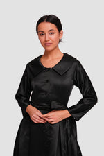 Load image into Gallery viewer, Sereen Black Taffeta High Low Collared Gown With Sleeves
