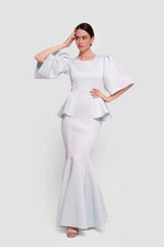 Load image into Gallery viewer, Anya Powder Blue Peplum Mermaid Maxi Dress With Flared Sleeves
