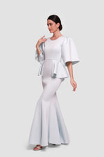 Load image into Gallery viewer, Anya Powder Blue Peplum Mermaid Maxi Dress With Flared Sleeves
