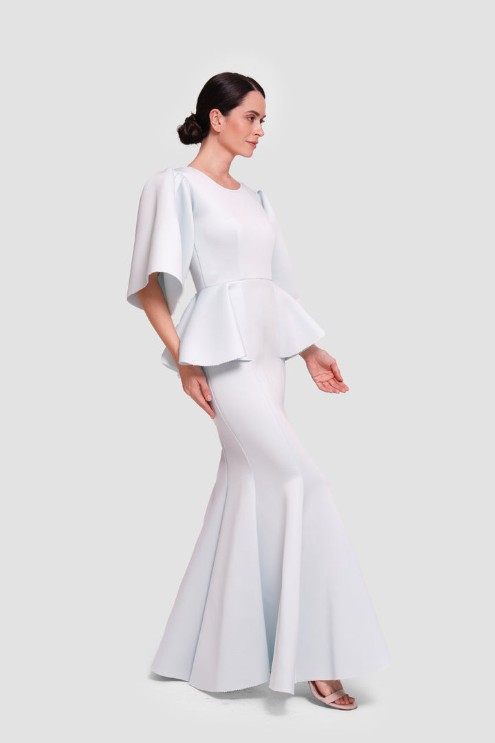 Anya Powder Blue Peplum Mermaid Maxi Dress With Flared Sleeves