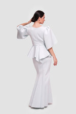 Load image into Gallery viewer, Anya Powder Blue Peplum Mermaid Maxi Dress With Flared Sleeves
