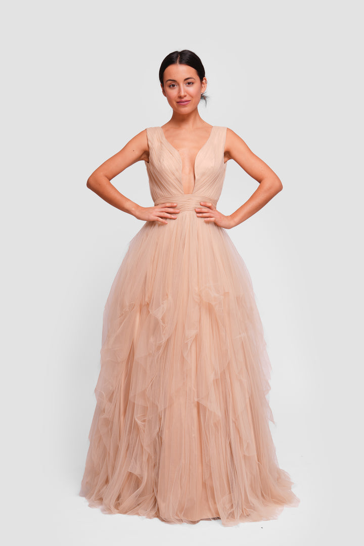 Dana Golden Beige Tulle Deep V-neckline Open Back Sleeveless Maxi Dress With Soft Ruffles