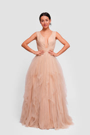 Dana Golden Beige Tulle Deep V-neckline Open Back Sleeveless Maxi Dress With Soft Ruffles