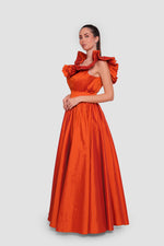 Load image into Gallery viewer, Alicia Amber Amber Orange Taffeta Off-shoulder Maxi Dress With Pleats
