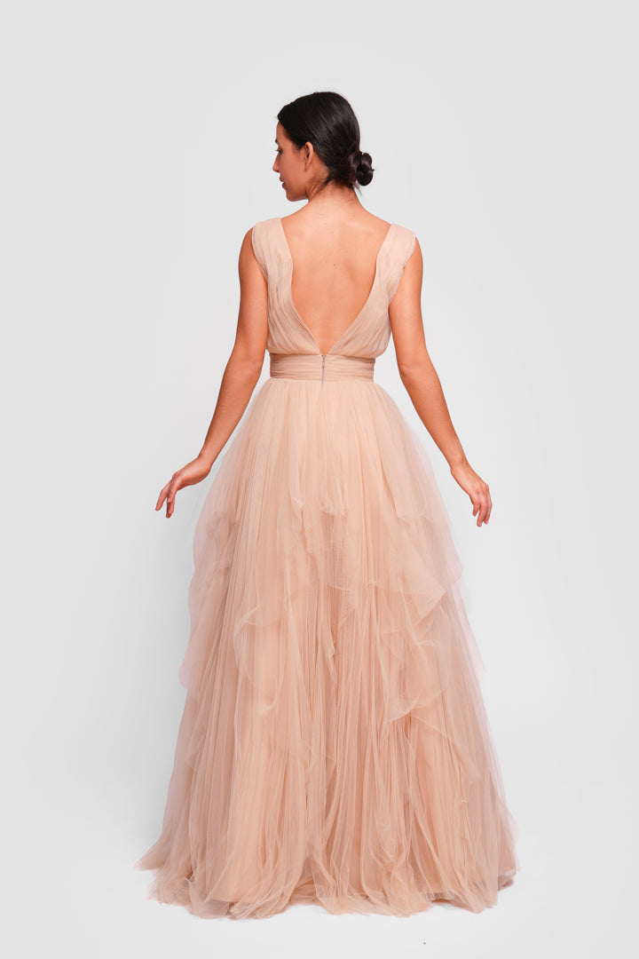 Dana Golden Beige Tulle Deep V-neckline Open Back Sleeveless Maxi Dress With Soft Ruffles