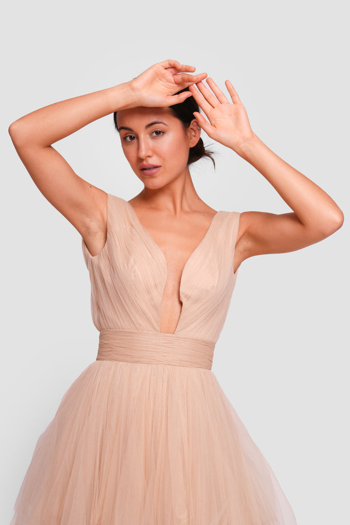 Dana Golden Beige Tulle Deep V-neckline Open Back Sleeveless Maxi Dress With Soft Ruffles