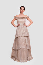 Load image into Gallery viewer, Amaan Gold Metallic Fabric Off-shoulder Corset Maxi Dress With Ruffles
